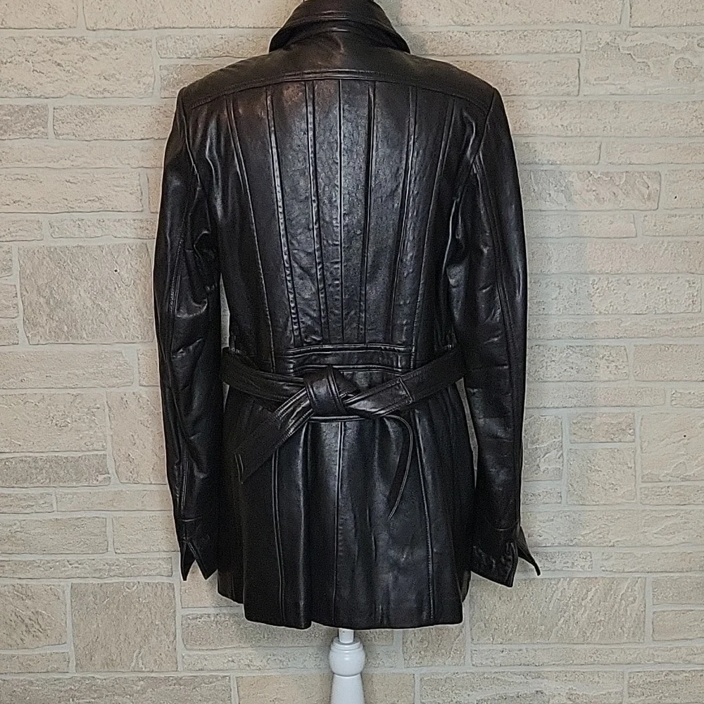 ROSLEEN Mid Length Soft Leather Jacket Belted Buttons - Picture 5 of 15